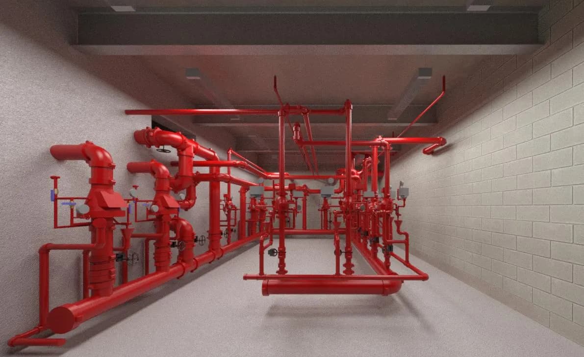 Revit Rendering of a Large Facility Fire Valve Room, Wet and Dry Systems