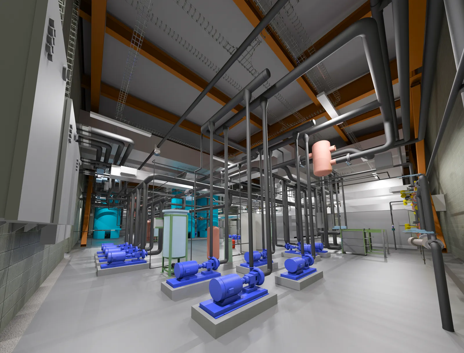 Revit Rendering of a Hot Water and Chilled Water System with Pumps